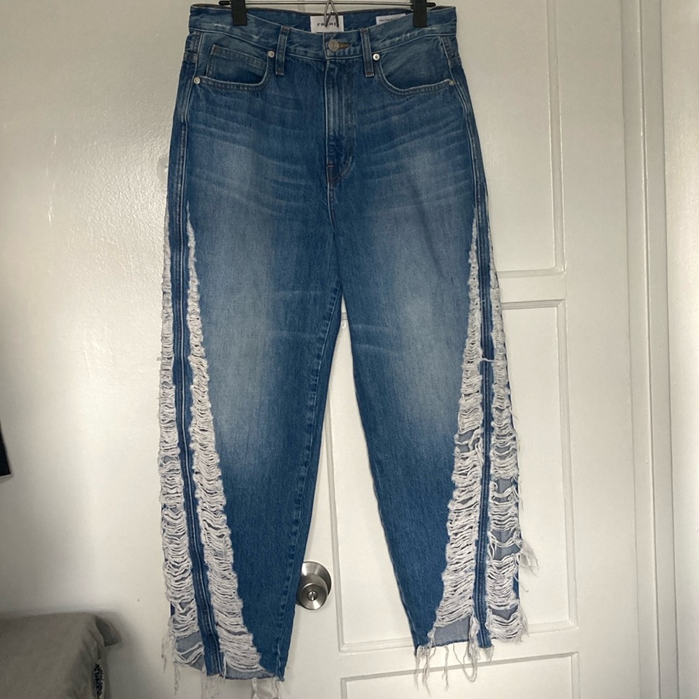 FRAME Women’s TIONNE SHRED Ultra High Rise Barrel Denim Jeans Sz 29 Blue NWT